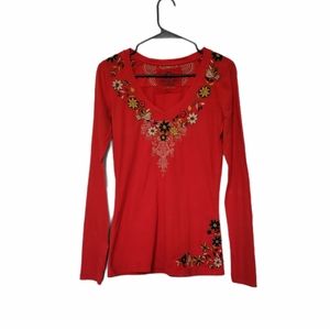 Johnny Was Floral/Bird Embroidered V Neck t Shirt